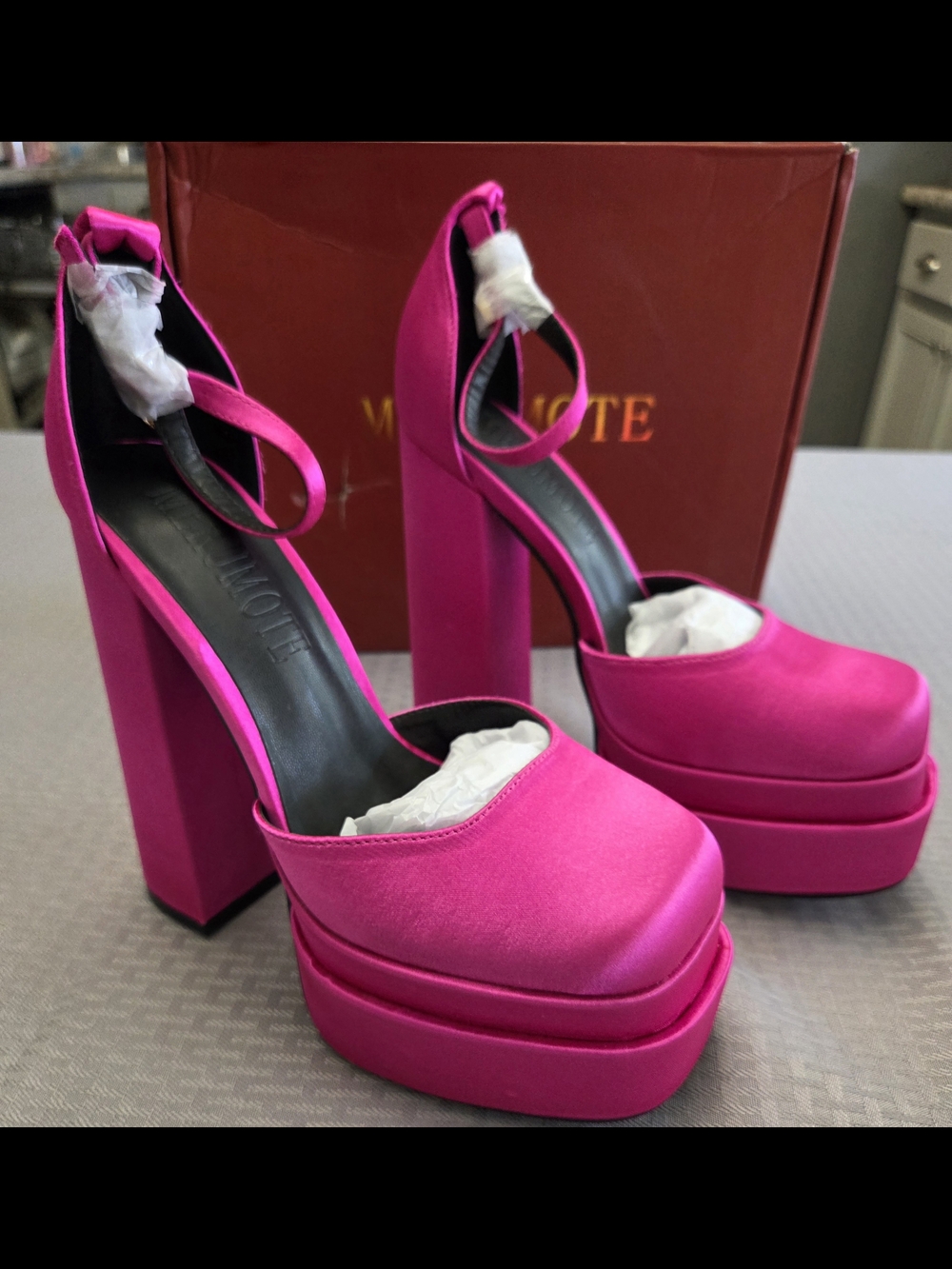 MERUMOTE Womens  High Heels Platforms Pumps Square Toe Chunky Block Heels-Sz 6.5